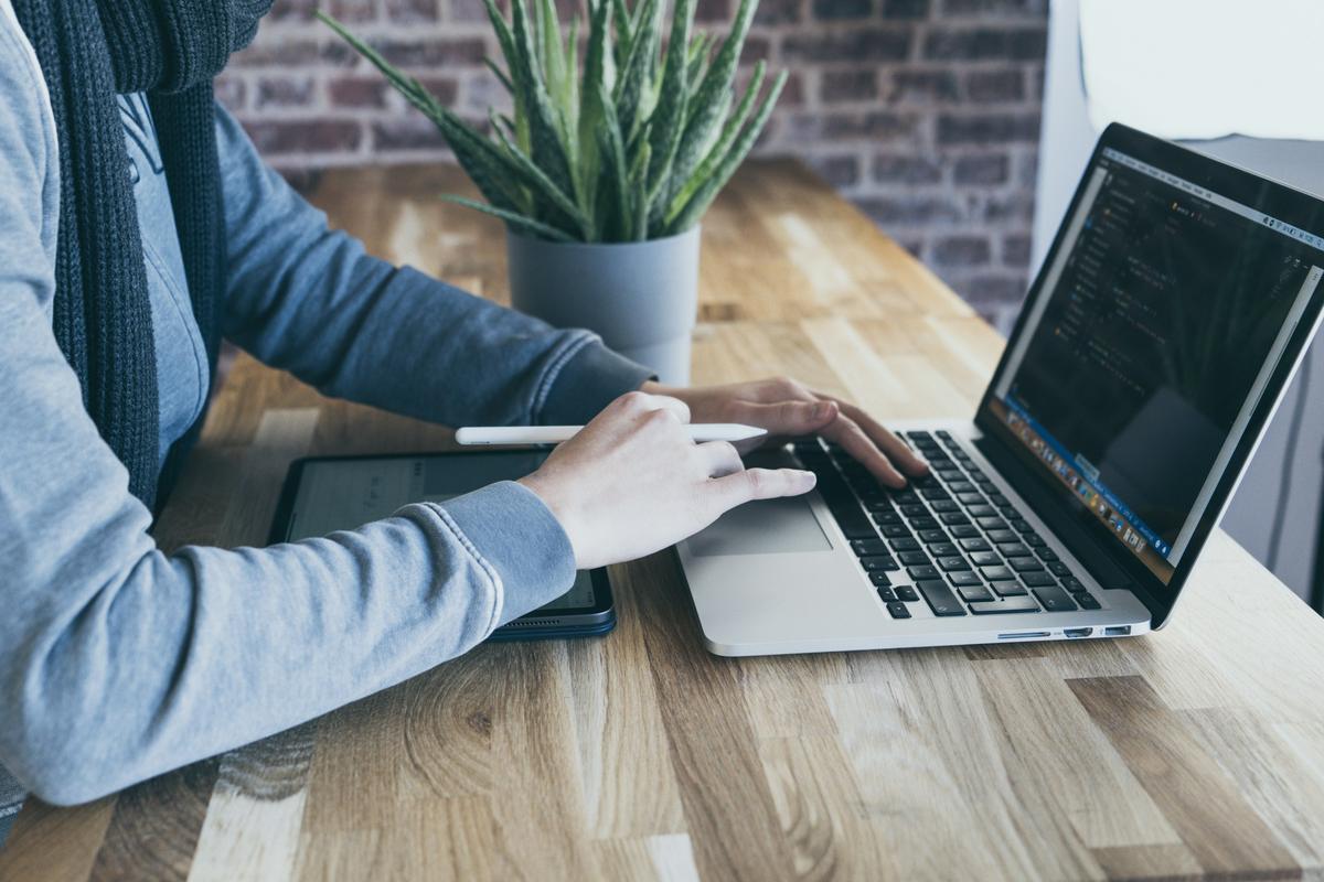 Mãos digitando num notebook, numa mesa de madeira com uma planta