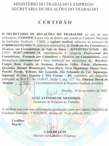 Certidão de Registro Sindical emitida pelo Ministério do Trabalho em 18/11/2009, que confirma a mudança de categoria